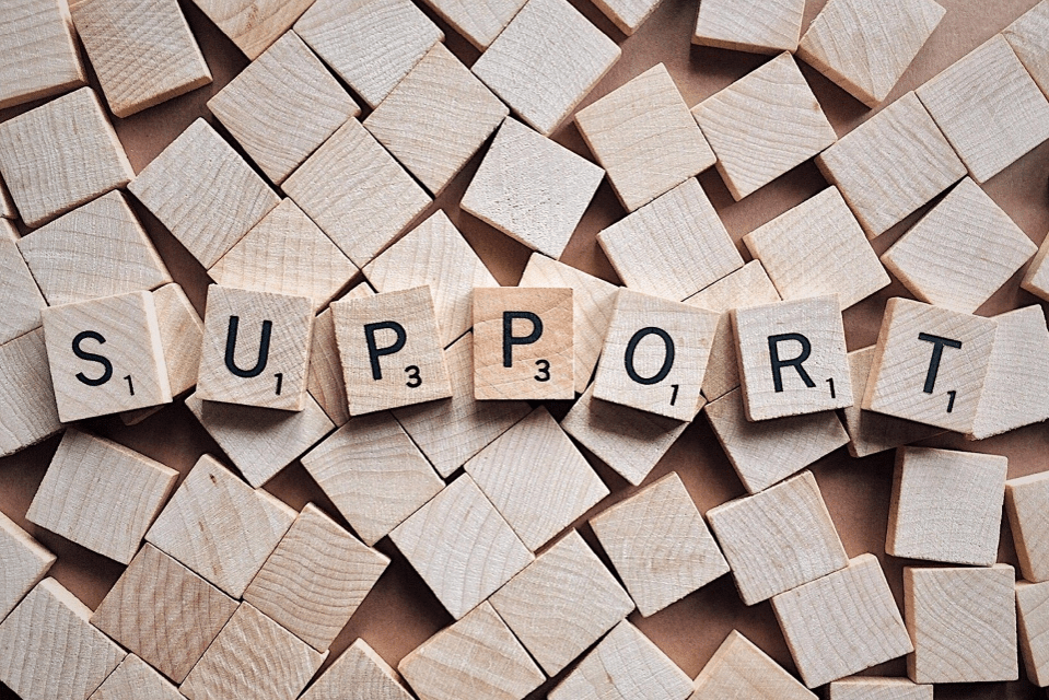 scrabble tiles spelling the word support